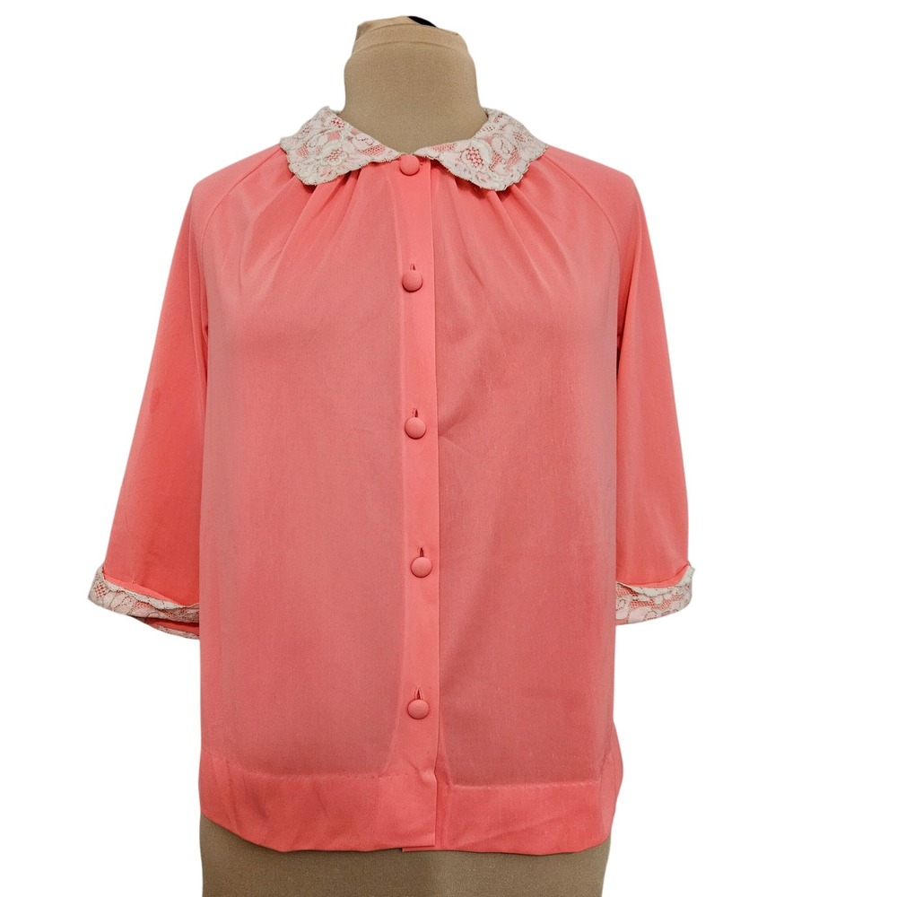 Vintage Gossard Artemis Coral Pink Lace Collar Button Front Bed Jacket‎ Size 34